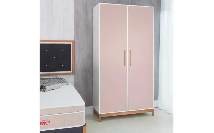 ROUPEIRO 2 PORTAS GUARDA-ROUPA ROSA MDF E MADEIRA DESIGN MODERNO MOORE 104,6x53x198,5 CM