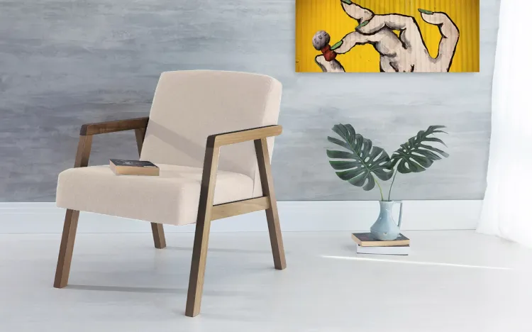 POLTRONA SALA DE MADEIRA DECORATIVA BEGE CHARLIE VERNIZ CAPUCCINO TEC.924 - 60x74x84 CM