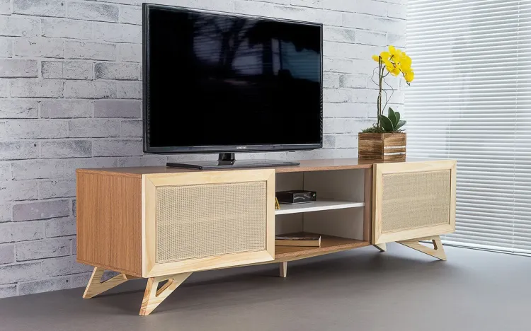 RACK TV MODERNO RETRÔ VINTAGE FREDDIE 1800 MDF FREIJÓ PÉS MADEIRA TAEDA 2 PORTAS DE PALHINHA 180x43,6x48,5 CM