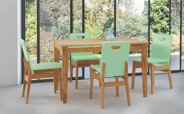 SALA DE JANTAR COM MESA E 4 CADEIRAS TUCUPI 120CM ACABAMENTO STAIN NÓZES E VERDE SÁLVIA