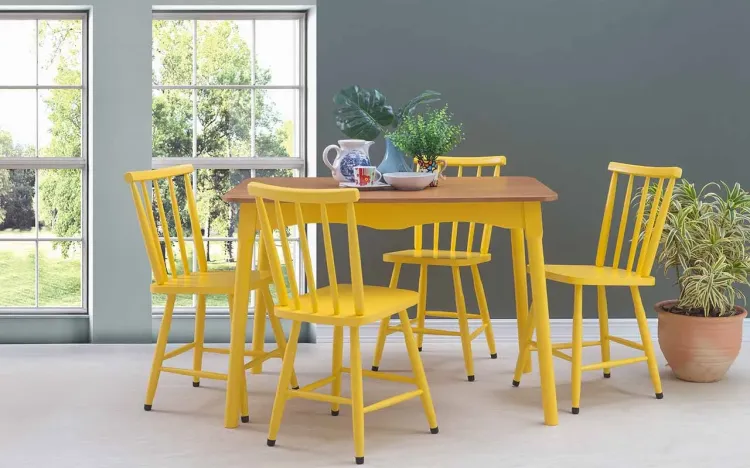 SALA DE JANTAR COM MESA E 4 CADEIRAS MIMO 110CM VERNIZ JATOBÁ E LACA AMARELO