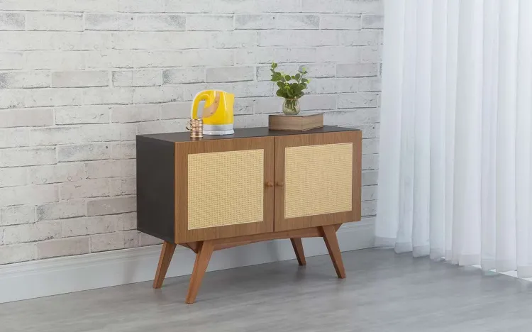 BALCÃO 2 PORTAS COM RATTAN PARA SALA DE JANTAR DOLORES PRETO COM FREIJÓ E JATOBÁ 90x35x64,7 CM