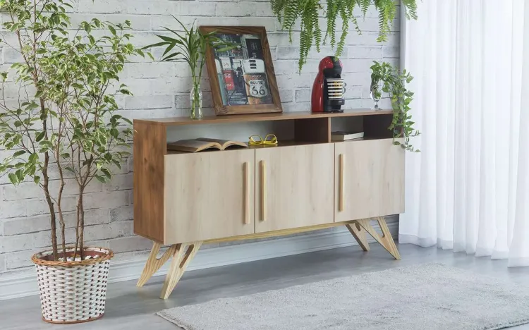 BUFFET PÉS PALITO COMPACTO 3 PORTAS FAIA MADEIRADO MDF FREIJÓ COM NICHOS 135x35x79 CM