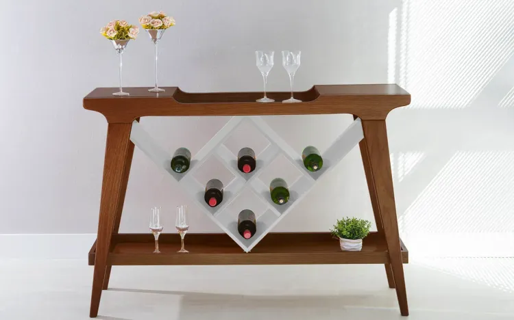 APARADOR COM ADEGA BAR GOURMET DE MADEIRA COM TAMPO ESPELHADO PUBI 130X33X90CM - VERNIZ CAPUCCINO E BRANCO FENDI