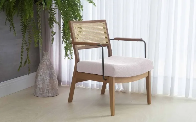 POLTRONA PARA RECEPÇÃO COM PALHINHA BEGE LAVANDA AÇO PRETO VERNIZ AMENDOA TEC.924 BEGE 63,5X64X78 CM