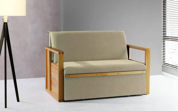 SOFÁ CAMA COMPACTO PARA CASAL AKROPI - SOFÁ BICAMA ESTOFADO VERNIZ MEL TECIDO BEGE - 128X90X85CM