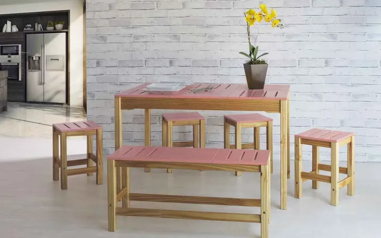 CONJUNTO GOURMET BISTRÔ BAIXO DE MADEIRA MACIÇA TAEDA OLGA VERNIZ NÓZES E ROSA CORAL 120X80X75CM
