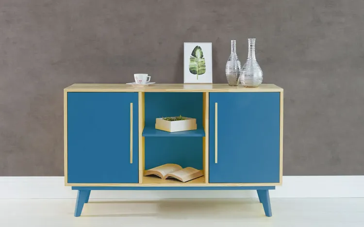 APARADOR BUFFET COM PRATELEIRA E 2 PORTAS CELESTE NATURAL E AZUL 133X40X79,5 CM