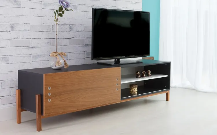 RACK TV PRETO MODERNO VINTAGE RETRÔ COM PORTA DE CORRER FREIJÓ ERIC 186x43,6x48,5 CM