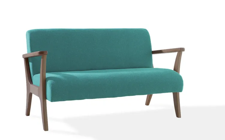 SOFÁ 2 LUGARES EM MADEIRA RÉGIA VERNIZ CAPUCCINO TEC.950 AZUL TURQUESA 128X70X77 CM