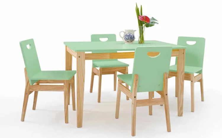 SALA DE JANTAR COM MESA E 4 CADEIRAS TUCUPI 120CM - ACABAMENTO STAIN NATURAL E VERDE SÁLVIA