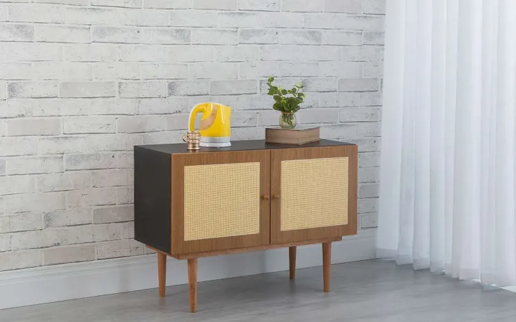 BALCÃO 2 PORTAS COM RATTAN PARA SALA DE JANTAR CHARLIE PRETO COM FREIJÓ E JATOBÁ 90x35x64,7 CM
