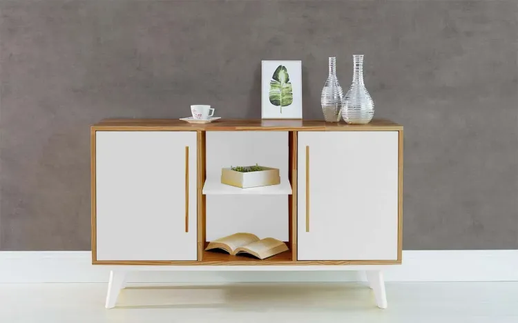 BALCÃO BUFFET COM PRATELEIRA E 2 PORTAS CELESTE NÓZES E BRANCO 133X40X79,5 CM