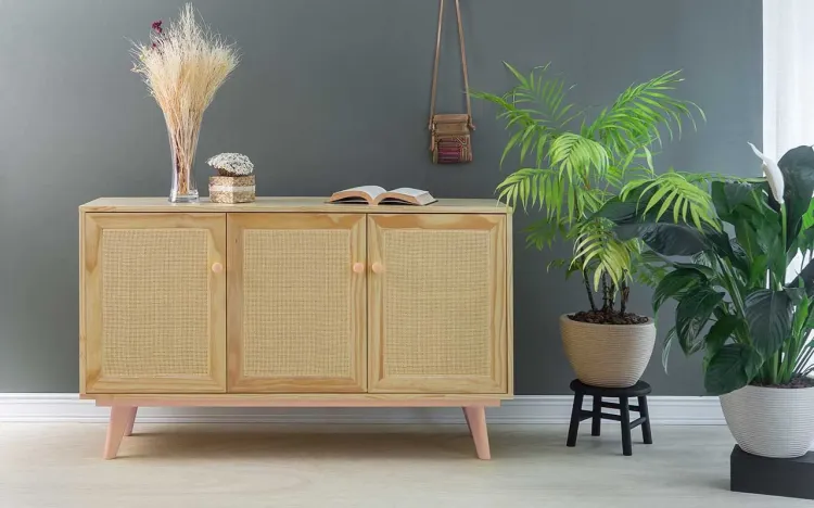 BALCÃO DE MADEIRA COM PALHINHA 3 PORTAS PUXADOR BOLINHA CELESTE NATURAL E ROSA BEBÊ 133X40X79,5 CM