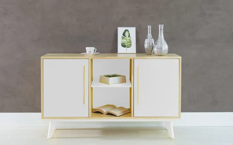 BALCÃO BUFFET COM PRATELEIRA E 2 PORTAS CELESTE NATURAL E BRANCO 133X40X79,5 CM
