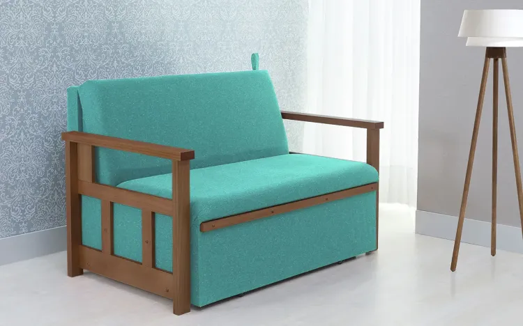 SOFÁ CAMA COMPACTO PARA CASAL AKRO - SOFÁ BICAMA ESTOFADO VERNIZ CASTANHO TECIDO TURQUESA - 128X90X85CM