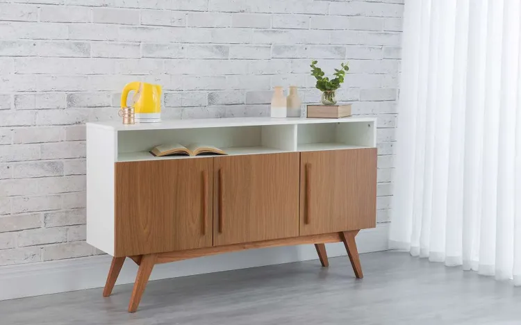 ARMÁRIO BUFFET 3 PORTAS PARA SALA DE JANTAR COM NICHO DOLORES BRANCO COM FREIJÓ E JATOBÁ 135x35x79 CM