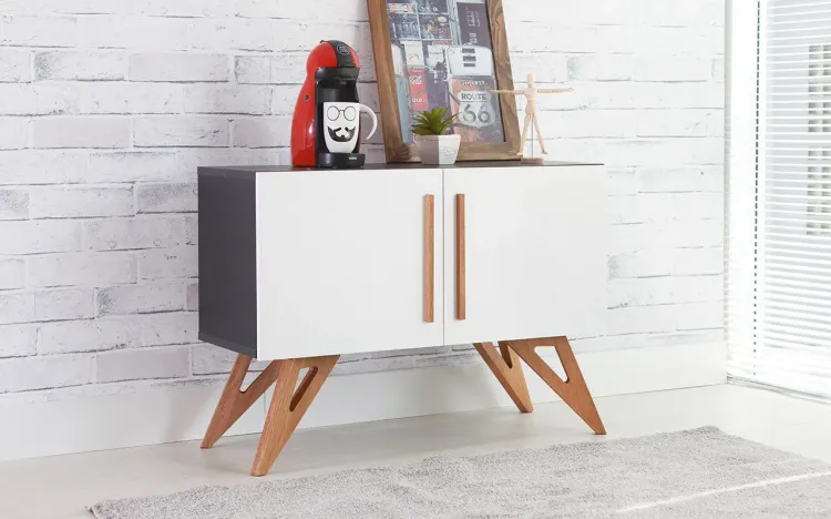 ARMÁRIO PÉS PALITO BUFFET PRETO 2 PORTAS BRANCAS PARA SALA DE JANTAR FREDDIE 90x35x64,7 CM