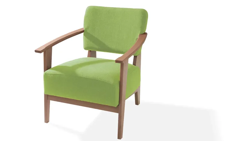 POLTRONA PARA SALA COM BRAÇOS PÉS DE MADEIRA ESTOFADA COR VERDE SAMAMBAIA VERNIZ AMENDOA TEC.942 - 72x66x82 CM