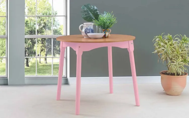 MESA REDONDA COM PÉS TORNEADOS MIMO DIAM.90CM VERNIZ JATOBÁ E LACA ROSA BEBÊ