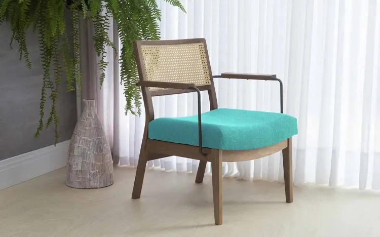 POLTRONA COM BRAÇO DE METAL LAVANDA AÇO PRETO VERNIZ CAPUCCINO TEC.950 AZUL TURQUESA 63,5X64X78 CM