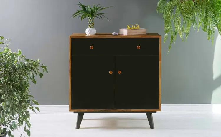 ARMÁRIO MULTIUSO COM GAVETA E PORTAS CELESTE PUXADOR BOLINHA NÓZES E PRETO 90X40X98 CM