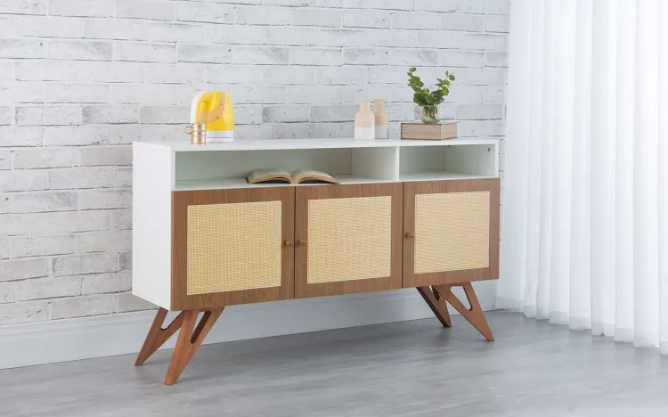BALCÃO BUFFET DE PALHINHA 3 PORTAS COM NICHO FREDDIE BRANCO COM FREIJÓ E JATOBÁ 135x35x79 CM
