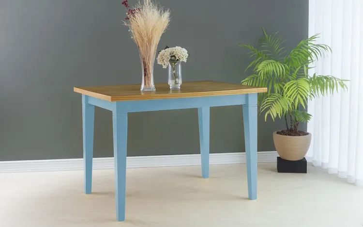 MESA PARA JANTAR RETANGULAR DE MADEIRA FRISO 110X80X75 CM TAMPO NÓZES PÉS LACA AZUL BEBÊ