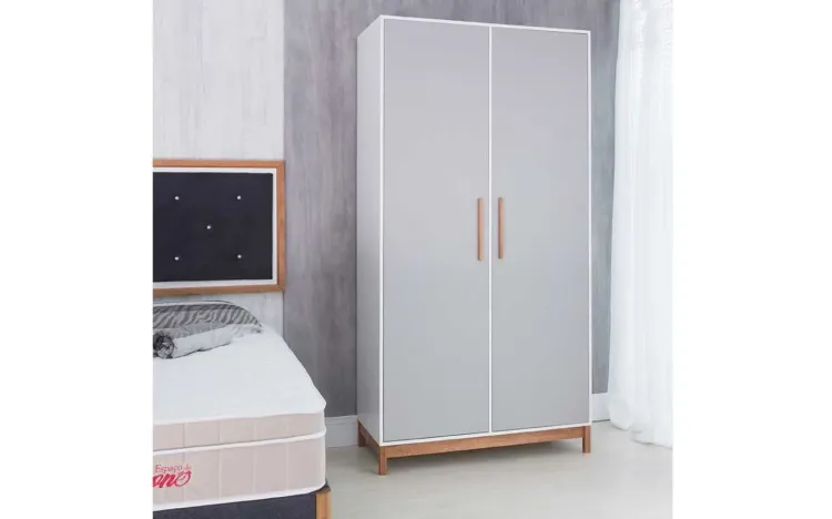 ROUPEIRO BRANCO GUARDA-ROUPA PEQUENO 2 PORTAS CINZA MDF E MADEIRA DEISIGN MODERNO MOORE 104,6x53x198,5 CM
