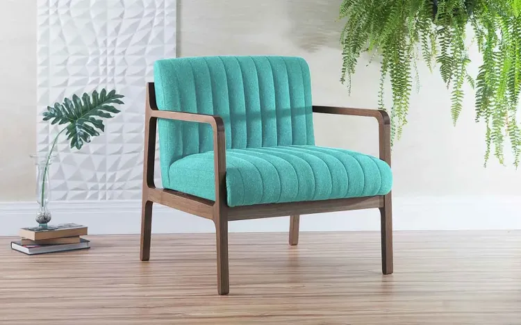 POLTRONA MODERNA DE MADEIRA ESTOFADA CANELA VERNIZ CAPUCCINO TEC.950 COR AZUL TURQUESA 69X71X79 CM