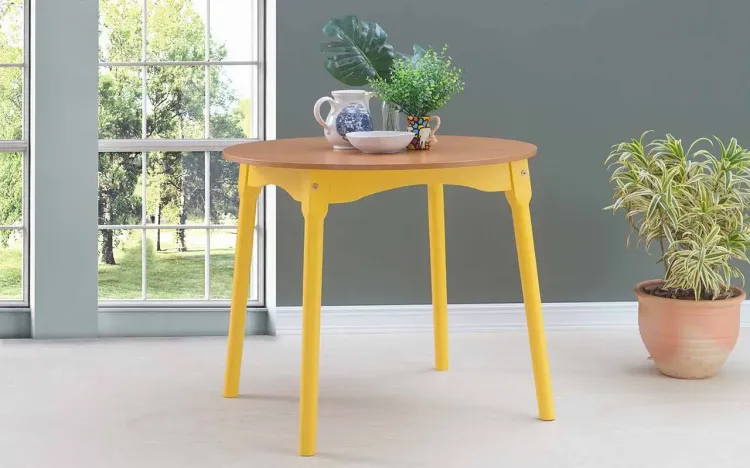 MESA DE JANTAR PEQUENA REDONDA MIMO DIAM.90CM VERNIZ JATOBÁ E LACA AMARELO
