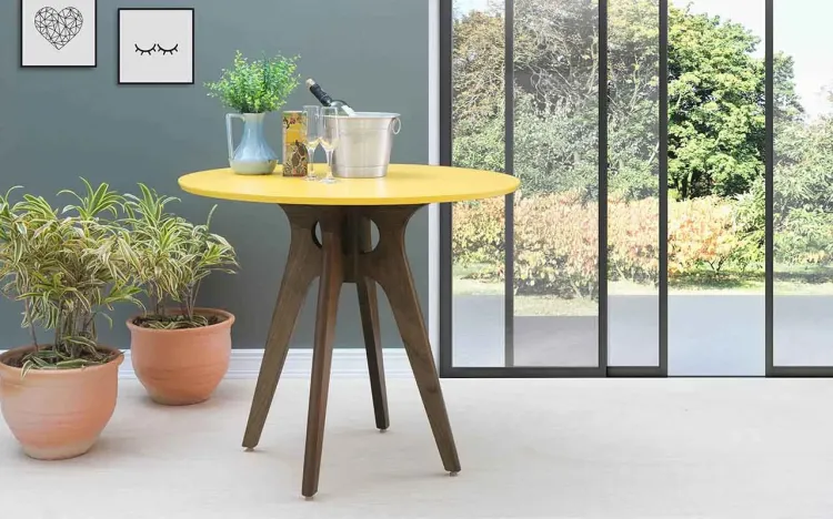 MESA DE JANTAR 4 LUGARES REDONDA BIANCHI 90X77CM NOGUEIRA E AMARELO
