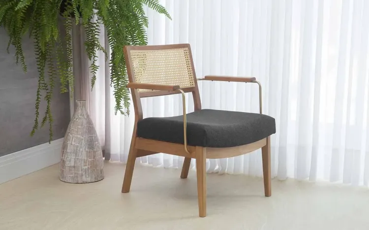 POLTRONA PARA RECEPÇÃO COM PALHINHA PRETA LAVANDA AÇO DOURADO VERNIZ AMENDOA TEC.999 PRETO 63,5X64X78 CM