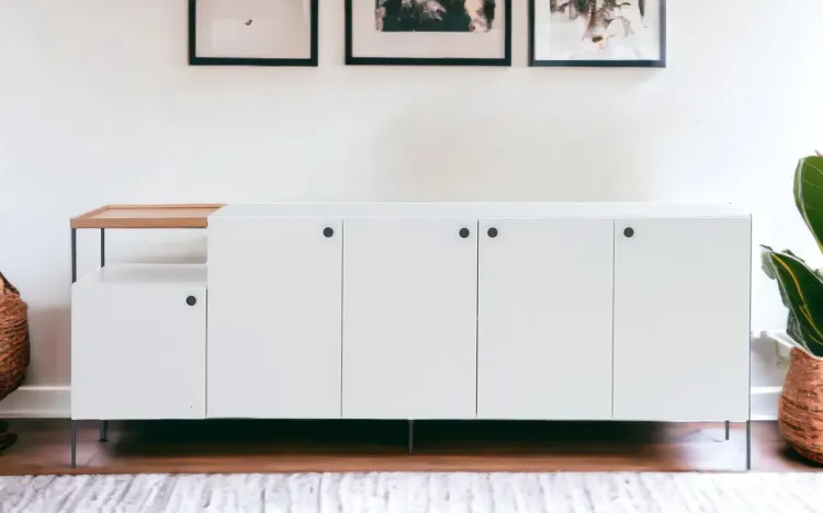 APARADOR BUFFET 5 PORTAS COM BANDEJA DE MADEIRA E PÉS DE METAL TRAY MDF BRANCO 202,5X41,5X75 CM
