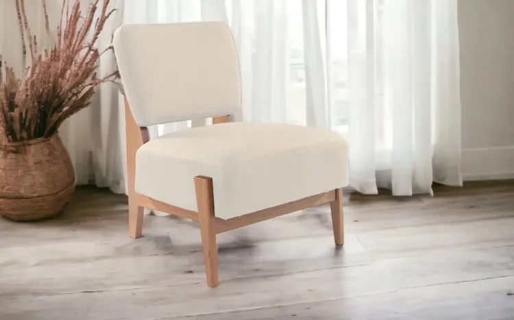 POLTRONA DE MADEIRA DECORATIVA BEGE SEM BRAÇOS SAMAMBAIA VERNIZ AMENDOA TEC.924 - 67x66x82 CM
